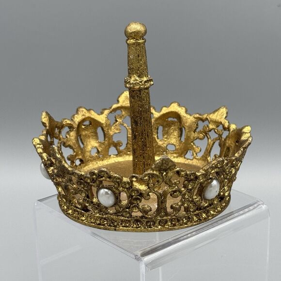 Vtg Crown Shaped Ring Jewelry Holder Trinket Dish Gold Tone Bead Accents Vanity - Picture 3 of 6